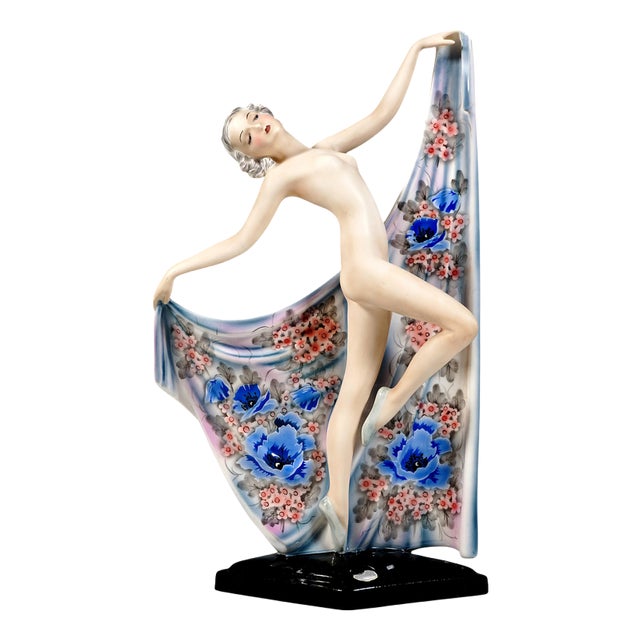 Art Deco Nocturno Nude Dancer Posing with Shawl from Goldscheider, Vienna, Austria, 1939 For Sale