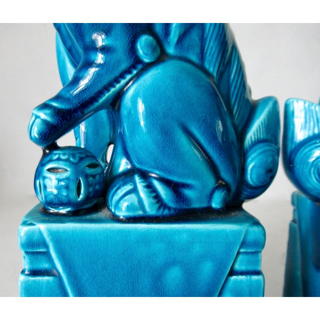 Vintage. C.1935-50's (Japan) Ceramic Porcelain Cerulean Blue Glazed Foo Dogs - Pair For Sale - Image 15 of 18