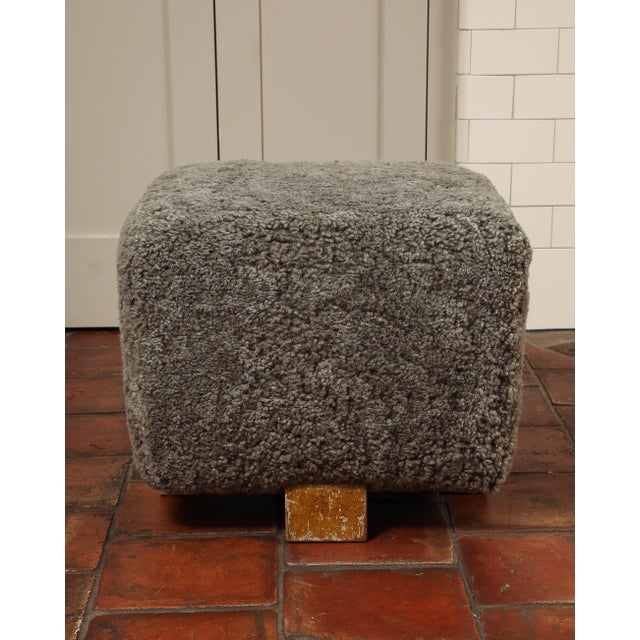 Wood Vintage Grey Shearling Footstool For Sale - Image 7 of 8