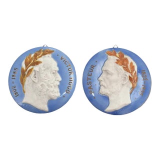 Antique Victor Hugo & Pasteur, French Majolica Plaques by Edmond Lachenal For Sale