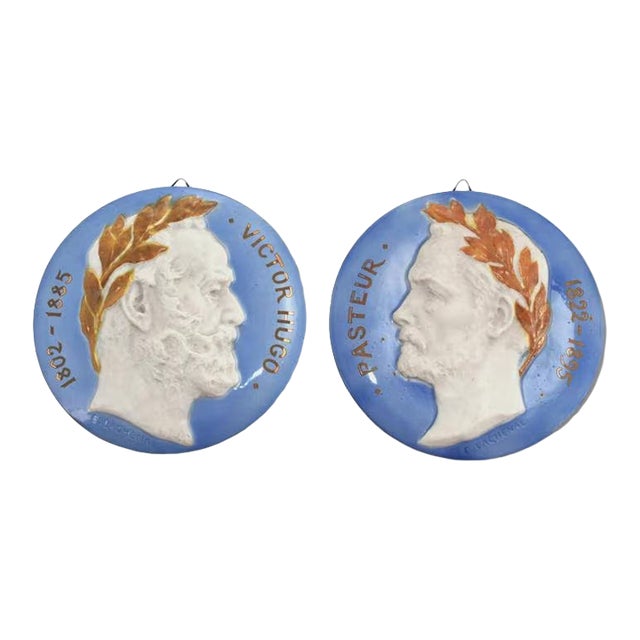 Antique Victor Hugo & Pasteur, French Majolica Plaques by Edmond Lachenal For Sale