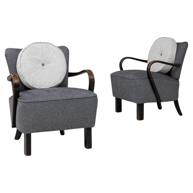 1940s Czech Art Deco Upholstered Armchairs With Round Pillows - A Pair For Sale - Image 15 of 18
