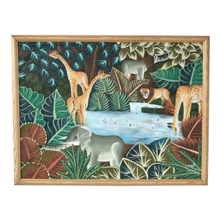 Vintage Haitian Painting of Animals in a Jungle by Jean Claude For Sale