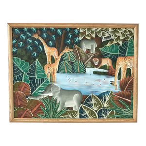 Vintage Haitian Painting of Animals in a Jungle by Jean Claude