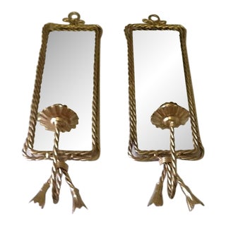 Vintage 1970's Gold Rope Beveled Sconce Candleholder Mirrors - a Pair For Sale