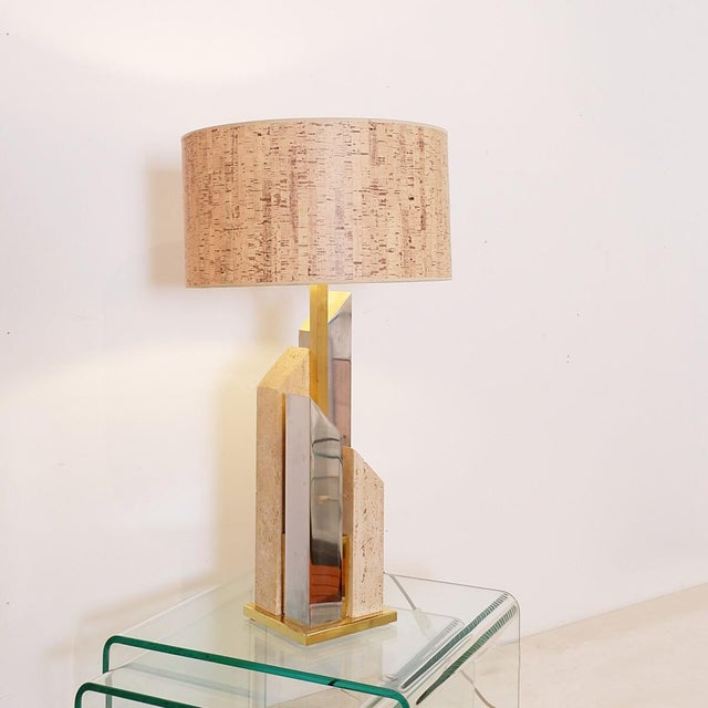 Tall Skyscaper Table Lamp in Travertine, Chrome and Brass by Sciolari, 1970s For Sale - Image 11 of 15