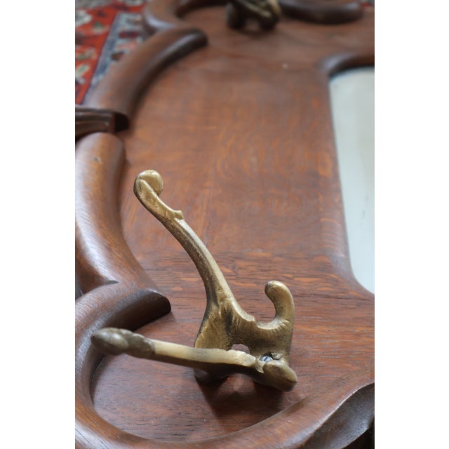 Antique Quarter-Sawn Oak Hall Mirror With Brass Hooks, C. 1900 For Sale - Image 10 of 18