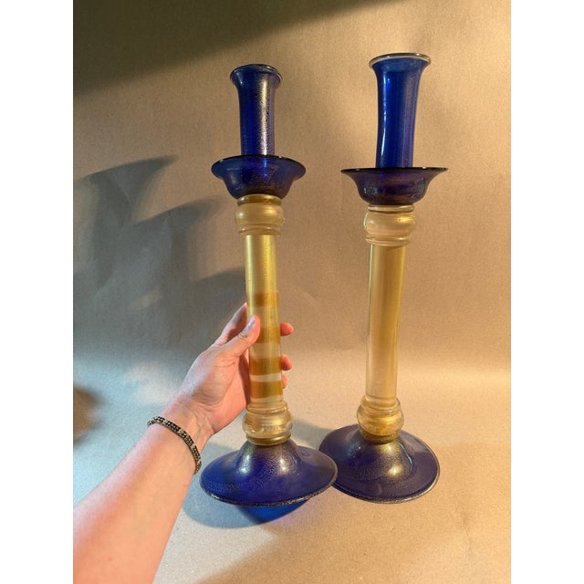 Murano Vintage Murano Art Glass Large Blue and Gold Candlesticks Signed For Sale - Image 4 of 7