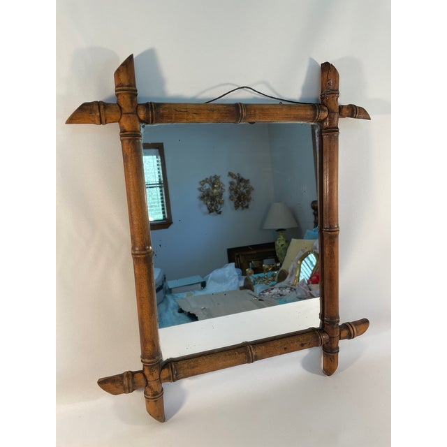 French Country 1920s French Faux Bamboo Wooden Wall Mirror For Sale - Image 3 of 11