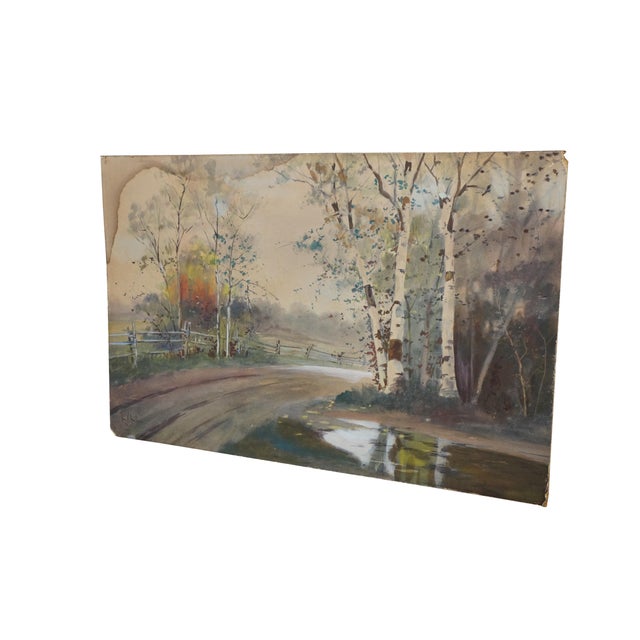 Late 19th to early 20th century watercolor landscape painting on board titled Autumn Birches by Louis Kinney Harlow,...