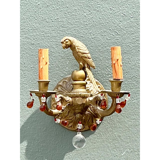 Chinoiserie Vintage Brass and Crystal Parrot Sconce For Sale - Image 3 of 12