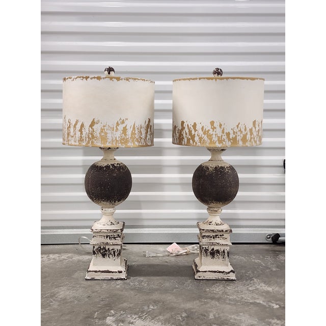 Impressive Farmhouse style rustic and distressed finish baluster form large table lamps. The shades have an age finish...