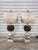 Impressive Farmhouse style rustic and distressed finish baluster form large table lamps. The shades have an age finish...