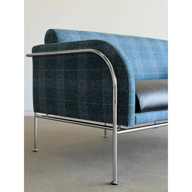 1970's Danish Loveseat by Friis & Elmar Moltke Nielsen for Randers Denmark in Leather and Blue Plaid For Sale In Los Angeles - Image 6 of 12