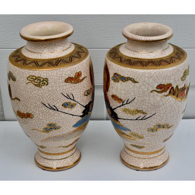 Beige Antique Pair of Japanese Satsuma Moriage Ceramic Vase For Sale - Image 8 of 17