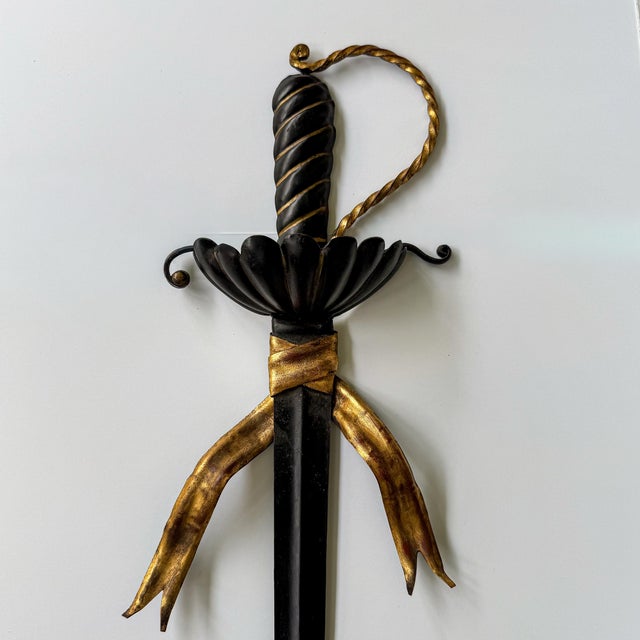 Mid 20th Century Hollywood Regency Gilt Iron Sword Form Two Arm Candle Wall Sconce, 36”h For Sale - Image 5 of 11