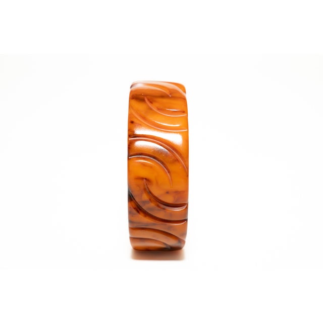 Plastic Vintage Art Deco Carved Bakelite Amber Orange Bangle Bracelet, 1930's For Sale - Image 7 of 15