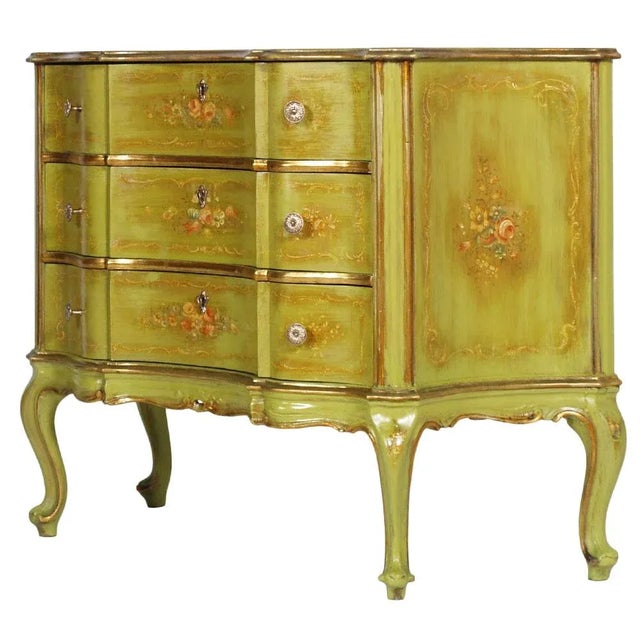 Venetian Baroque Hand-Painted Chest of Drawers with Edges in Gold Leaf from La Permanente Mobili Cantù, 1910, in None...