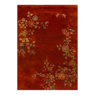 1930s Ruby Red Floral Antique Chinese Art Deco Carpet 6' X 8' 6'' Knotted Pile Wool Rug For Sale