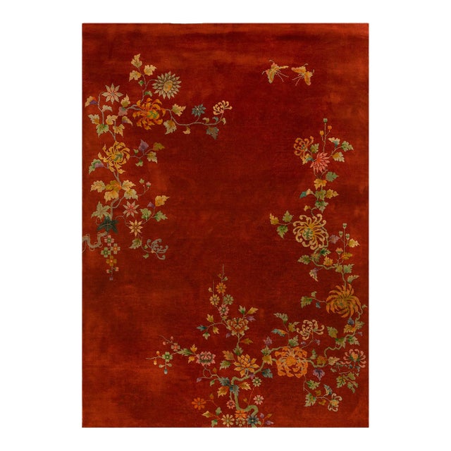 1930s Ruby Red Floral Antique Chinese Art Deco Carpet 6' X 8' 6'' Knotted Pile Wool Rug For Sale