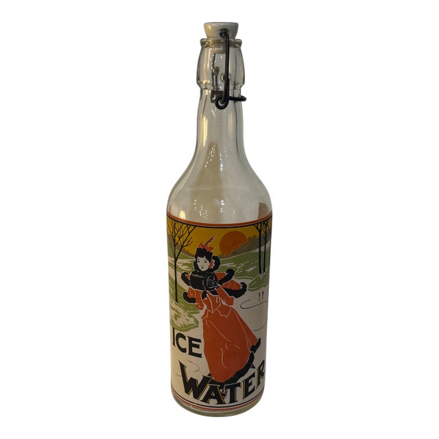 Vintage Art Nouveau “Ice Water” Swing Top Glass Bottle Featuring Victorian Lady Skating For Sale