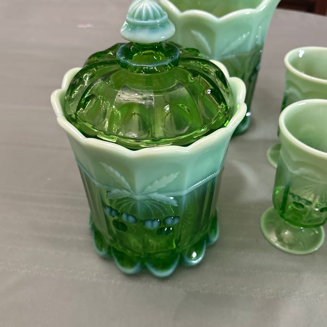 Moser Glassworks 1940s Mosser Green Opalescent Cherry Thumbprint Cookie Jar & Pitcher W/4 Goblets 6-Piece For Sale - Image 4 of 11