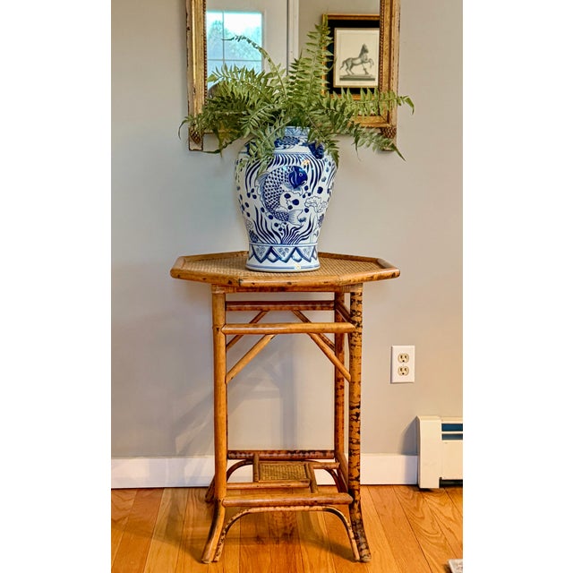 Early 20th Century Vintage Hexagonal Bamboo and Rattan Side Table For Sale - Image 5 of 10