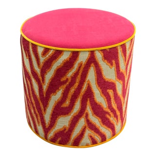 Vibrant Pink Robert Alan Zebra Velvet Footstool For Sale