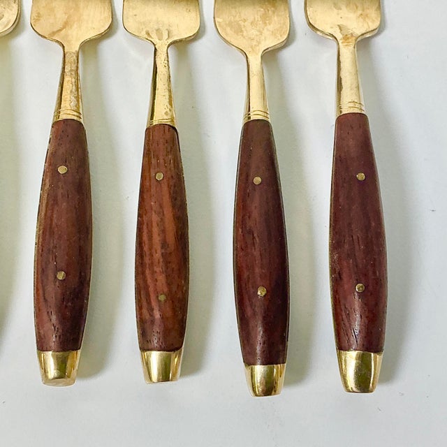 Wood 1950s Vintage Hollywood Regency Chinoiserie Appetizer-Dessert Brass & Rosewood Forks - Set of 8 For Sale - Image 7 of 10