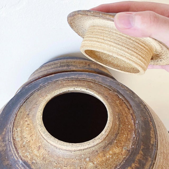 Tan Mid-Century Large Hand-Thrown Lidded Vessel With Handles of Pottery in Neutral Glazes For Sale - Image 8 of 12