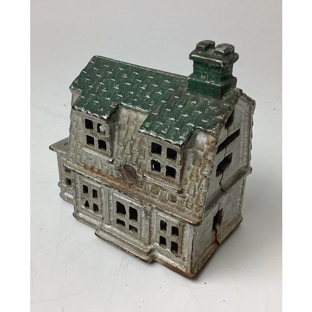 Early 20th Century Antique Cast Iron House, Porch, Chimney Still Coin Bank Building Silver & Green For Sale - Image 5 of 5