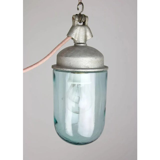 Blue Vintage Industrial Blue Glass and Grey Metal Pendant Lamps, 1950s, Set of 2 For Sale - Image 8 of 16