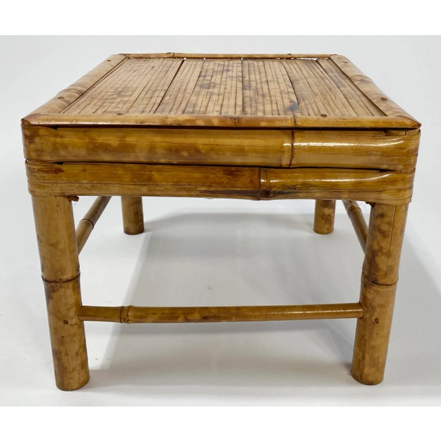 Wood Large Vintage Burnt Tortoise Shell Bamboo Low Stool Drink Table Plant Stand For Sale - Image 7 of 8