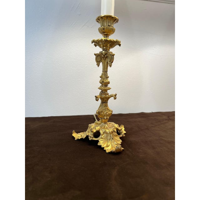 Brass Pair of Ormolu Candlestick Form Lamps, 19th Century with Pleated Shades For Sale - Image 8 of 9