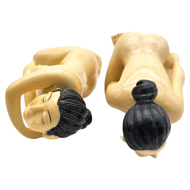 Pair of Vintage Japanese Bathing Beauty Female Nude Figurine Sculptures, Figurative Mid-Century Art Objects For Sale - Image 17 of 18