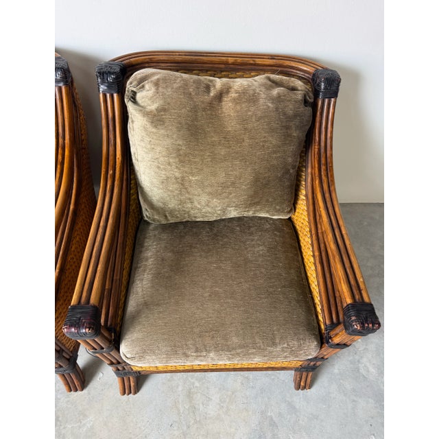 SOLDModern Mandalay Coastal Organic Rattan and Leather Lounge Chairs With Ottoman – Set of 3 For Sale - Image 9 of 12