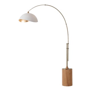 1980s Adjustable Nova of California Tambo Brass Floor Lamp - 92" Mid-Century Modern, Brass Frame, White/Gold Shade, Ash Wood Base For Sale