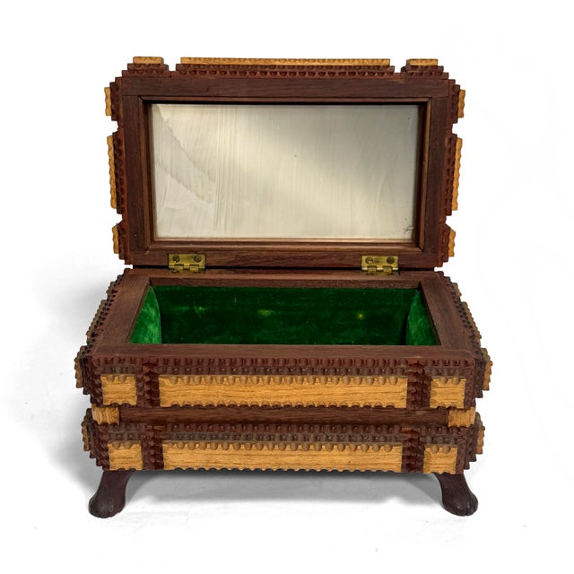 Brown Antique Footed Two-Tone Tramp Art Jewelry Box With Mirror For Sale - Image 8 of 10