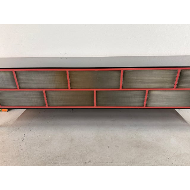 1990s Custom 11 Drawer Credenza in Red with Brushed Steel Doors and Black Glass Top For Sale - Image 11 of 17
