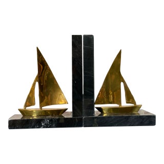 1970s Marble & Brass Sailboat Bookends - a Pair For Sale