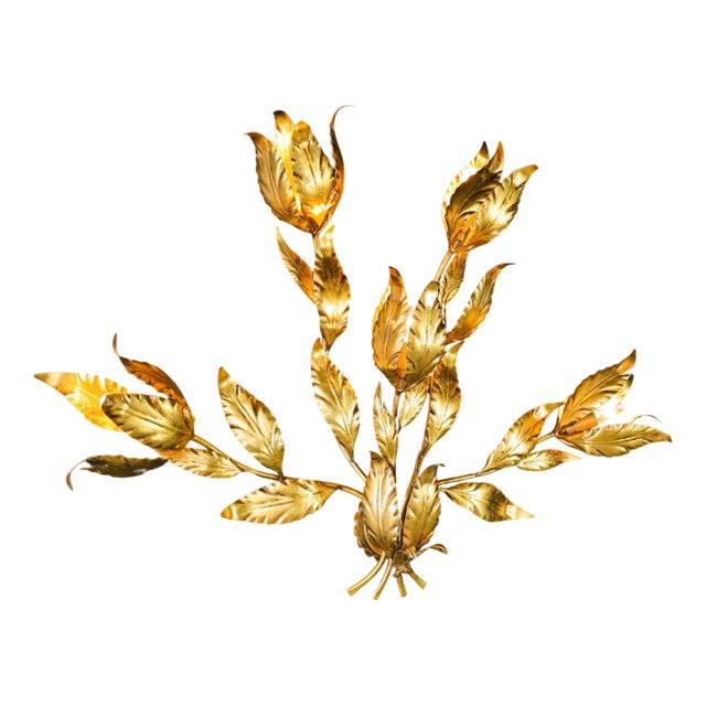 Vintage German Gilded Metal Floral Leaf Monumental Wall Sconce by Hans Kögl, 1970s For Sale