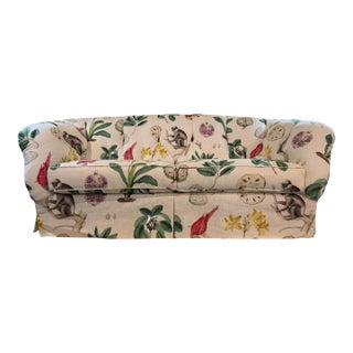 Vintage Lee Jofa "Loretta" Style Tropical Monkey & Botanical Pleated Skirt Sofa For Sale
