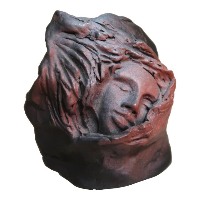 Handmade Figurative Ceramic Surreal Veiled Detailed Face Bust Sculpture in Charcoal and & Mauve Glaze For Sale