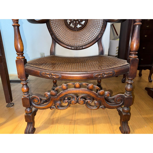 Traditional Early 20th Century Adams-Style Armchair W/Cane Seat & Back, Medallion, Flemish Revival Carving For Sale - Image 3 of 6