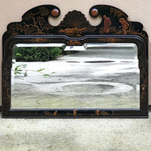 Chinoiserie Antique French Chinoiserie Hand-Painted Beveled Mirror For Sale - Image 3 of 12