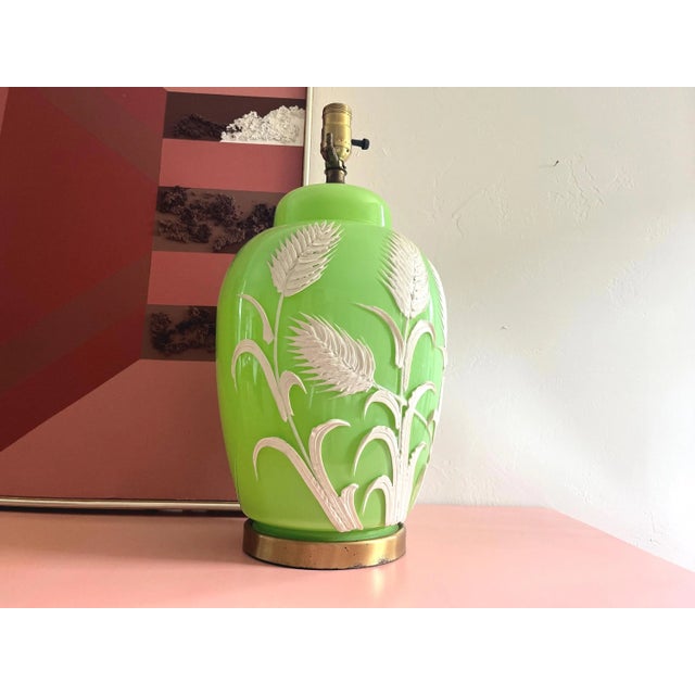 1970s Green Palm Ginger Lamp & Shade For Sale - Image 13 of 18