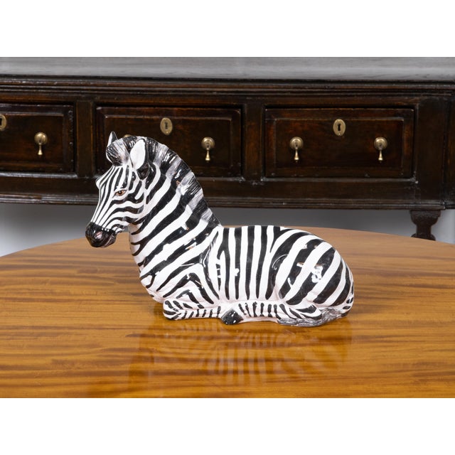 Ceramic Mid 20th Century Italian Painted Terracotta Statue of a Brown Eyed Zebra Resting on the Ground For Sale - Image 7 of 9