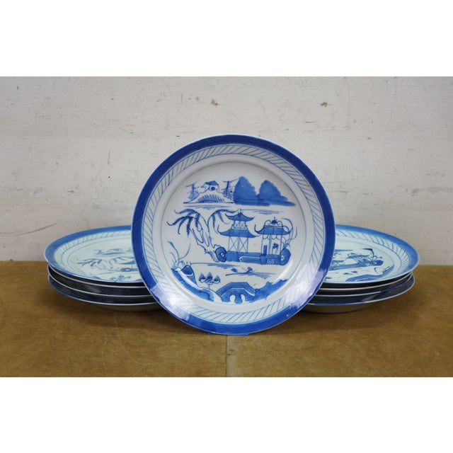 Blue 46 Pc Vintage Chinese Export Canton Blue & White Porcelain Pagoda Dinnerware Set For Sale - Image 8 of 15