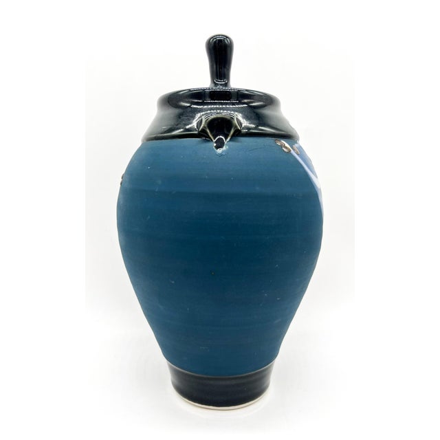 Signed Contemporary Studio Pottery Urn – Abstract Blue Lidded Ceramic Vessel For Sale - Image 4 of 11