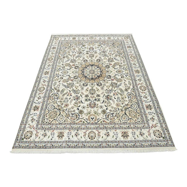 Fine Nain Rug 7’10” X 10’2” Ivory Wool Traditional Hand-Knotted Carpet For Sale